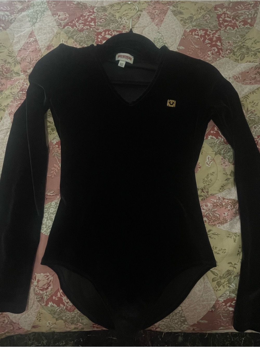 True Religion Black Velvet Long Sleeve Bodysuit with Gold Logo Tab